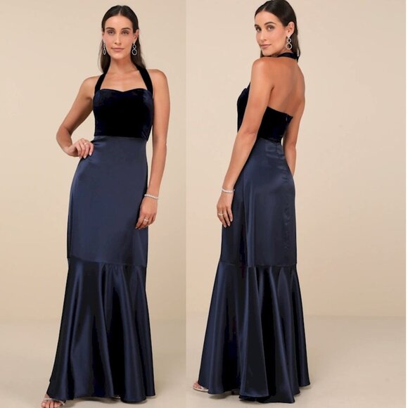 Lulus Mesmerizing Impression Navy Blue Halter Maxi Dress Size Medium NWT - Picture 1 of 4